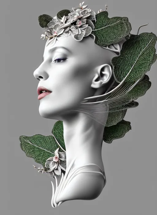 Prompt: complex 3d render ultra detailed of a beautiful porcelain profile woman face, mechanical vegetal cyborg, 150 mm, beautiful studio soft light, rim light, silver details, magnolia big filigran leaves and stems, roots, fine foliage lace, mesh wire, Alexander Mcqueen haute couture, intricate details, hyperrealistic, mandelbrot fractal, anatomical, red lips, silver metal armor, facial muscles, cable wires, microchip, elegant, white background, beautiful white teeth, octane render, H.R. Giger style, 8k