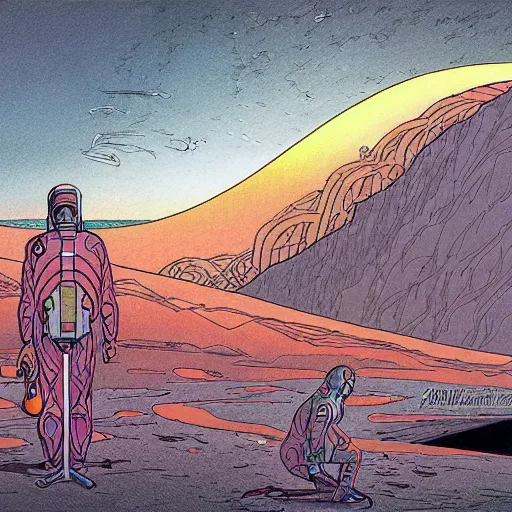 Image similar to hope for humanity, colored ink, moebius illustration art, key art