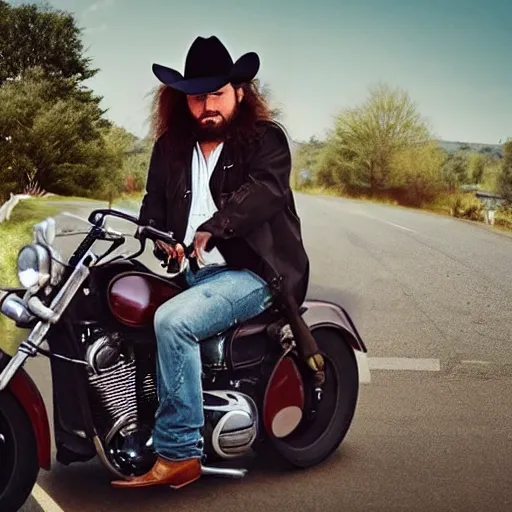 Image similar to a cute little, creature, on the shoulders of a tall, stocky man with long hair and a long trench coat and cowboy hat, next to a motorcycle