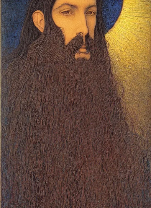 Image similar to portrait of an unkle blue moon with long black hair and beard, by jean delville