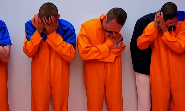 Image similar to guantanamo bay prison prisoners in orange jump suit crying. one of them is!! donald trump!!, photograph, realistic, dramatic lighting