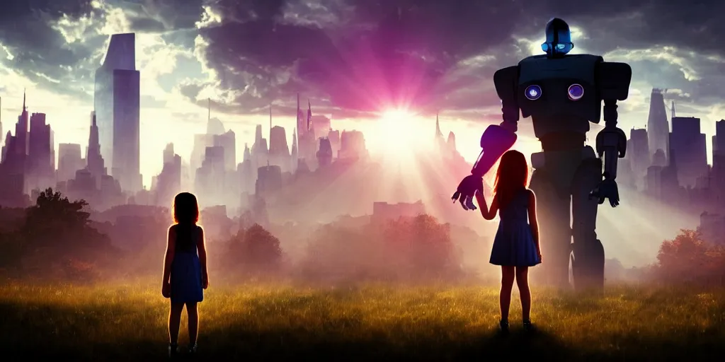 Image similar to sci - fi scene future new york cityscape, orphaned girl in manhattan holding the outstretched hand of an iron giant robot, forest punk, crepuscular rays, epic scene, hyper realistic, photo realistic, overgrowth, cinematic atmosphere, ethereal lighting,