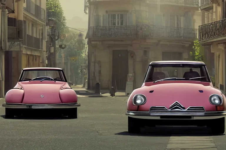 Image similar to a wholesome beautiful animation key shot of!! one!! focused!! 1 9 7 4 citroen ds!! in a paris street, medium wide shot, studio ghibli, ( pixar ) and disney animation, sharp, very detailed, high resolution, rendered in unreal engine 5, anime key art by greg rutkowski, bloom, dramatic lighting