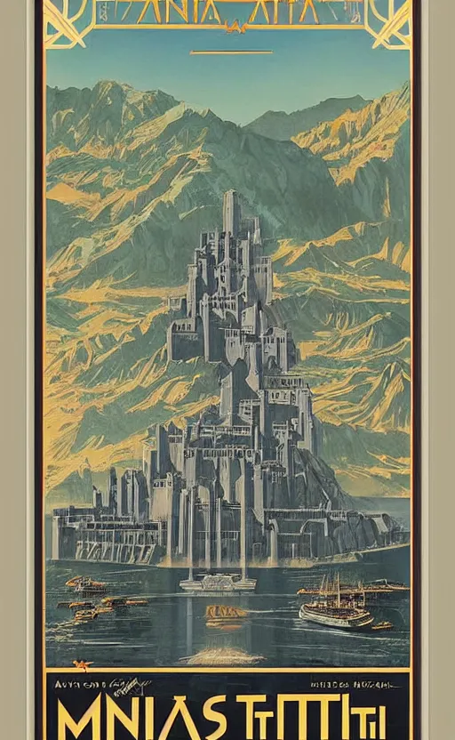 Prompt: art deco travel poster of minas tirith, framed poster