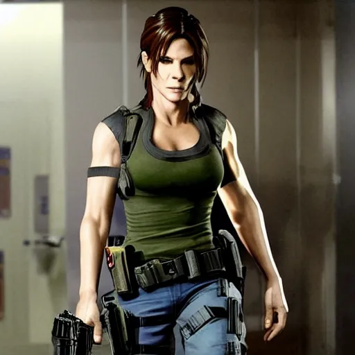 Prompt: Sandra bullock as Claire redfield in resident evil 2, police station, tactical gear