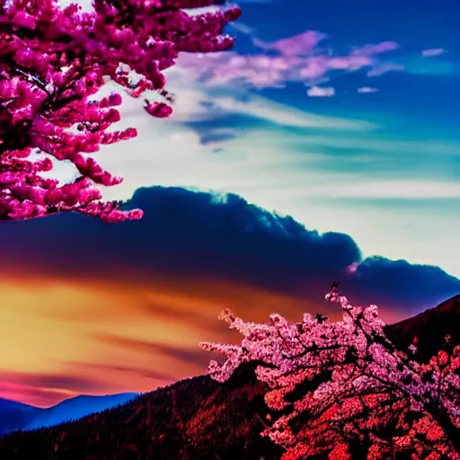 Prompt: low angle photo of the mountains and sky during the sunset. only a very bright star can be seen in the sky and some clouds. some sakura petals in the air. photorealistic