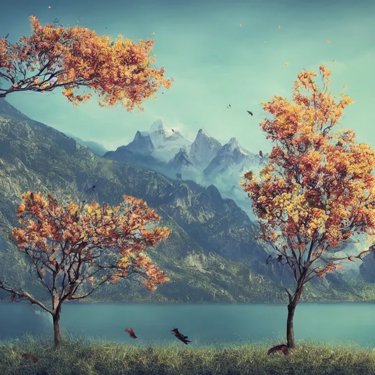 Image similar to a beautiful awesome artistic tree with falling flowers like leaves and many birds, all in the amazing outdoors view, mountain in the background, lake, long exposure, 8 k resolution, trending on artstation