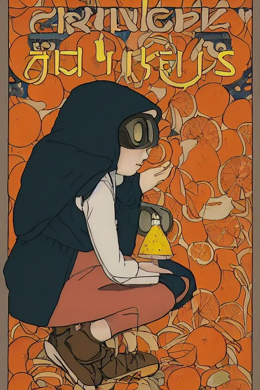 Image similar to a Girl in a large hood crouching on the ground ,orange slices,album,Microphone,Visual Communication Design by studio ghibli and mucha ,Refreshing colour