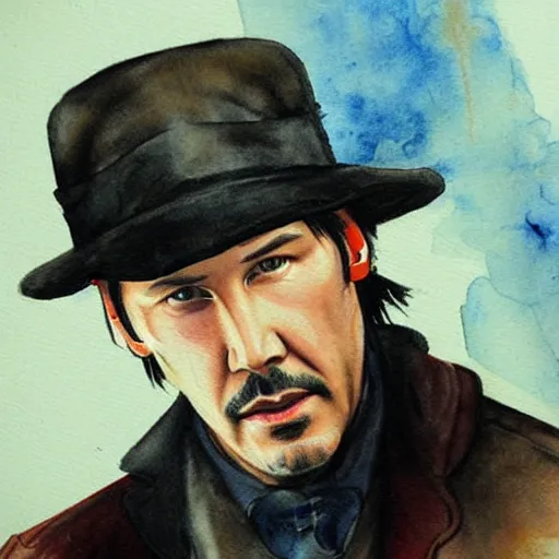 Image similar to Keanu Reeves as Sherlock Holmes aquarelle painting