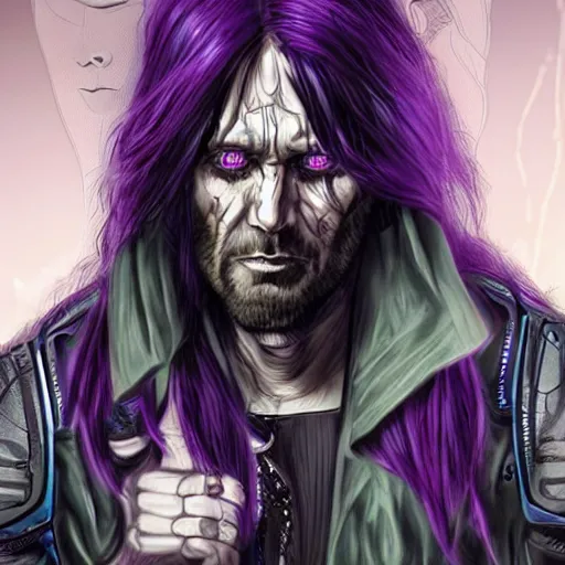 Image similar to long haired man with extremely large and intricate eye cyberpunk bionics with angry purple eyes and slim features looking askance,