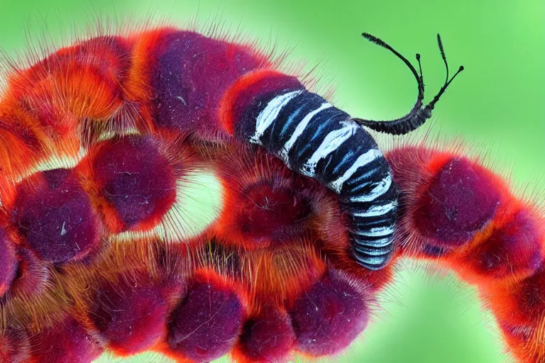 Prompt: hickory horned devil ( regal moth ) caterpillar award winning nature photography, cgi character design psychedelic colors, fluffy long hair, amazing design