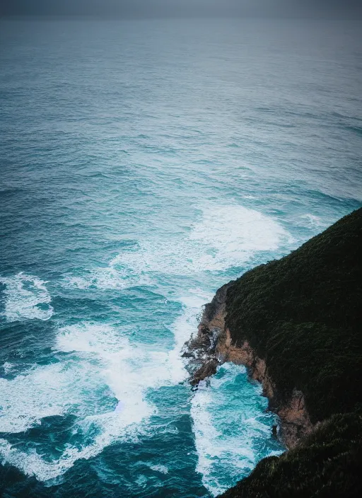 Image similar to a view of the ocean from a cliff, a tilt shift photo by liam wong, unsplash, naturalism, cinematic view, terragen, shot on 7 0 mm