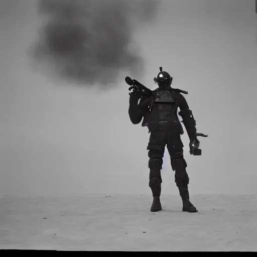 Image similar to a heavily armored man wearing a gasmask, in a surrealist landscape, film still, arriflex 3 5