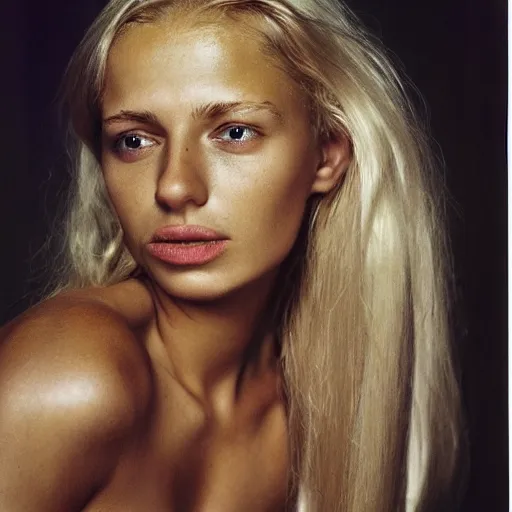 Image similar to photograph by annie leibovitz of olive skinned blonde female in her twenties wearing designer top
