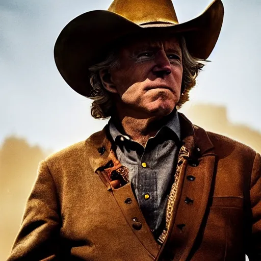 Image similar to Joe Biden as a Cowboy, gritty, sharp detail, epic, dramatic, western, yellow tint, cigar, movie still, serious,