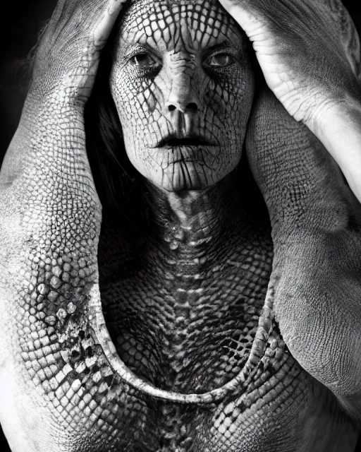 Image similar to a dramatic photo portrait of a reptilian woman