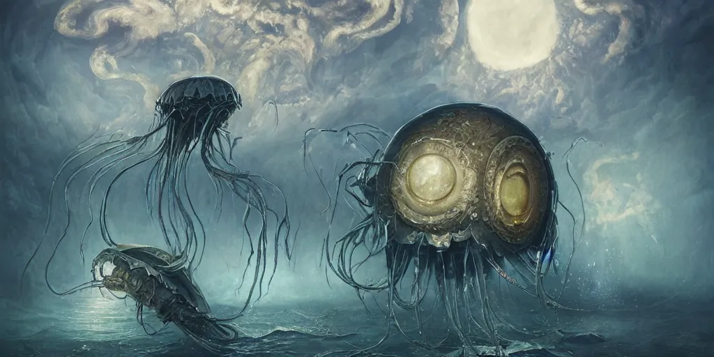 Image similar to concept art of giant translucent glowing jellyfishes, renaissance, divers helmet, lots of teeth, melting horror, round moon, rich clouds, fighting the horrors of the unknown, mirrors, very detailed, volumetric light, mist, grim, fine art, decaying, textured oil over canvas, epic fantasy art, very colorful, ornate, anato finnstark