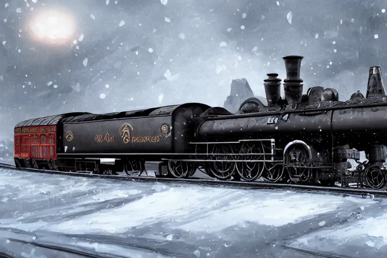 Image similar to a grand intricate futuristic black steam train, the train is themed after willy wonka and the chocolate factory, post - apocalyptic ice landscape in snowstorm, concept art, artstation, highly detailed, digital art