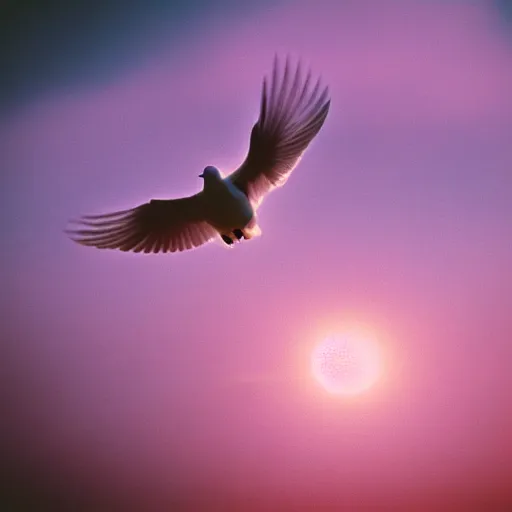 Image similar to Close-up realistic shot of a radiant white dove flying over the clouds at sunset, ethereal, vintage photograph, film grain, surreal, awe-inspiring, highly detailed, teal and orange color scheme