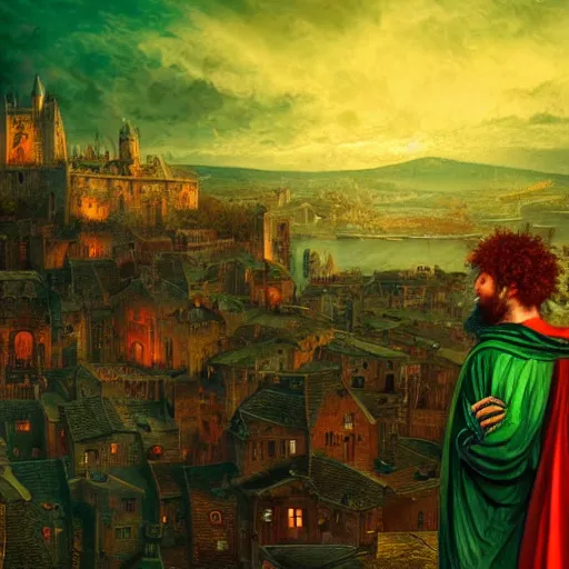 Image similar to a rugged man with curly red hair wearing a green cloak playing a guitar sitting on a roof top, medieval setting, entire city visible, zoomed out, night, atmospheric lighting, painted, intricate, volumetric lighting, beautiful, rich deep colours masterpiece, golden hour, digital art