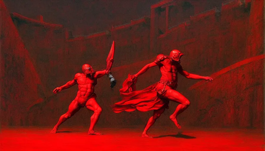 Image similar to only with red, a red gladiator in a crowded roman amphitheatre, crowd cheers him, in the style of beksinski, parts by edward hopper, parts by rodcenko, parts by yue minjun, intricate and epic composition, red by caravaggio, insane quality, highly detailed, masterpiece, red light, artstation