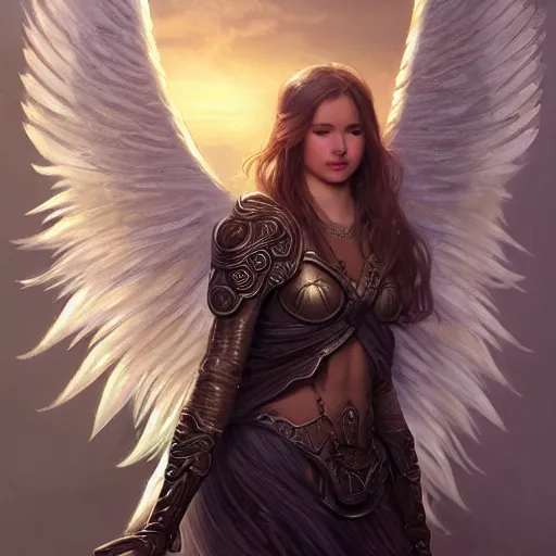 Image similar to portrait of young aasimar angel girl maiden wearing comfy leather armor with beautiful feathered angel wings, Alison Williams, innocent, intricate, elegant, highly detailed, digital painting, artstation, concept art, smooth, sharp focus, illustration, art by artgerm and greg rutkowski and alphonse mucha