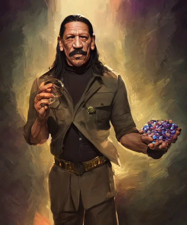 Image similar to danny trejo, cinematic, as a secret agent, holding a gems, elegant, highly detailed, digital painting, artstation, smooth, hard focus, illustration, art by jessica rossier and and brian froud