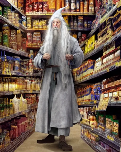 Prompt: gandalf wearing a wizard hat, stacking supermarket shelves craig mullins, cinematic lighting, gloomy