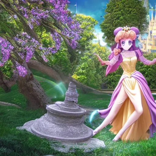 Prompt: a pleasant, beautiful, funny, smooth 3D CG render, semirealistic anime style, a noble priestess magician princess girl wearing dress and jewelry, in a glorious magic kingdom with castle and walls, relaxing calm vibes, fairytale