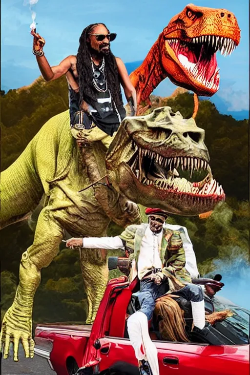 Image similar to Tone mapped Snoop Dogg and Donald Trump riding a T-Rex and smoking a blunt