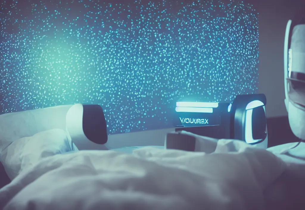 Image similar to 3 d dreams popping out of curved movie screen, volumetric lighting, bedroom, visor, sleeping, pair of keycards on table, bokeh, creterion collection, shot on 7 0 mm, instax