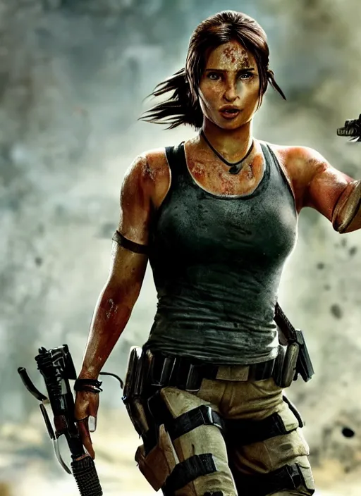 Prompt: a film still of lara croft as cop, her clothes little damaged because explosion, her face muddy and sweat, direct sun light, close up potrait, cinematic,