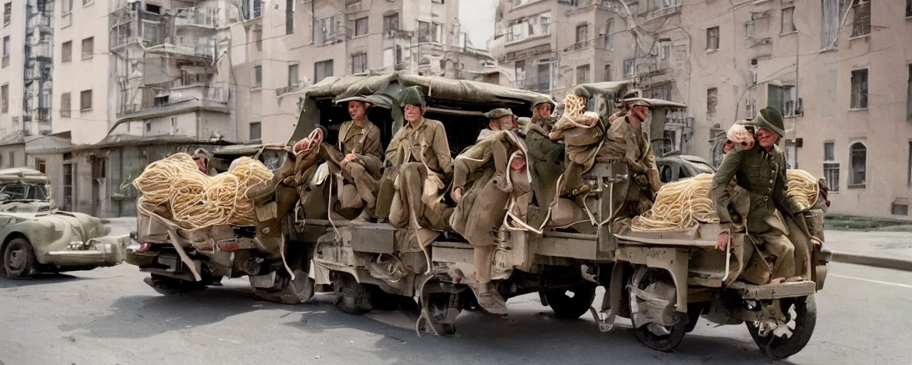 Prompt: transporting spaghetti, world war 2, u. s. army, canon 5 0 mm, kodachrome, in the style of wes anderson, retro