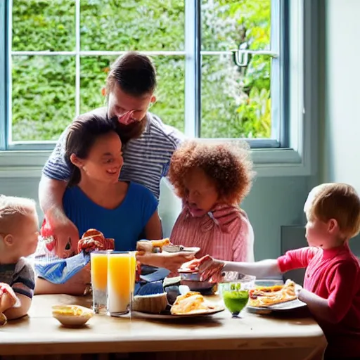 Prompt: a family having breakfast at morning, sunny light coming from a window