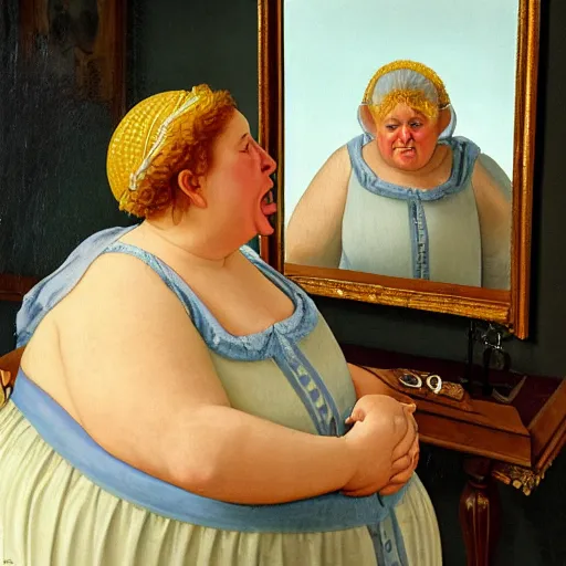 Prompt: a very funny renaissance style oil painting of a sweet fat old woman kissing her reflection. symmetrical face, red mouth, blue eyes. a flowered dress. a hyper - realistic scene. 3 d, octane processing, deep focus, white scene. a very funny and sweet picture. unreal engine. watercolor. fellini cinematic style. poster quality. freud painting style.