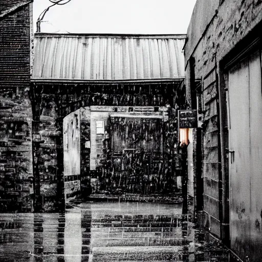 Prompt: a secret entrance amidst a gloomy town,rainy