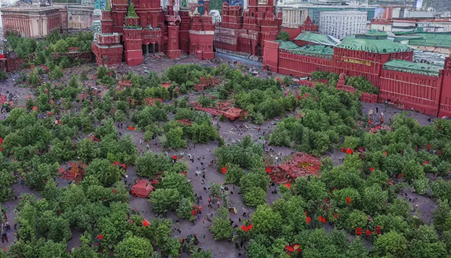 Image similar to Moscow's Red Square destroyed, abandoned and overgrown with plants, filled with mutant monsters, low angle view, hyperdetailed, artstation, 8k