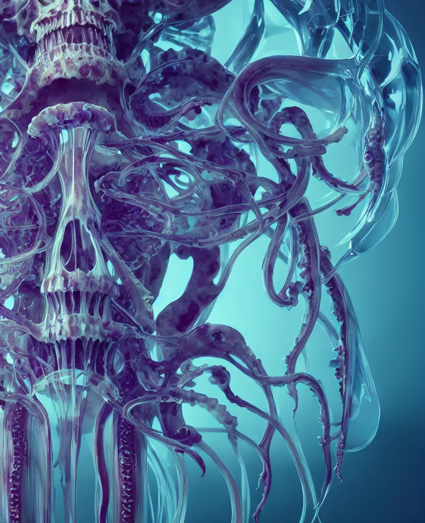 Image similar to symmetry!! goddess close - up portrait human skeleton, ram skull, squid phoenix jellyfish, orchid, betta fish, bioluminiscent, intricate artwork by tooth wu and wlop and beeple. octane render, trending on artstation, greg rutkowski very coherent symmetrical artwork. cinematic, hyper realism, high detail, octane render, 8 k