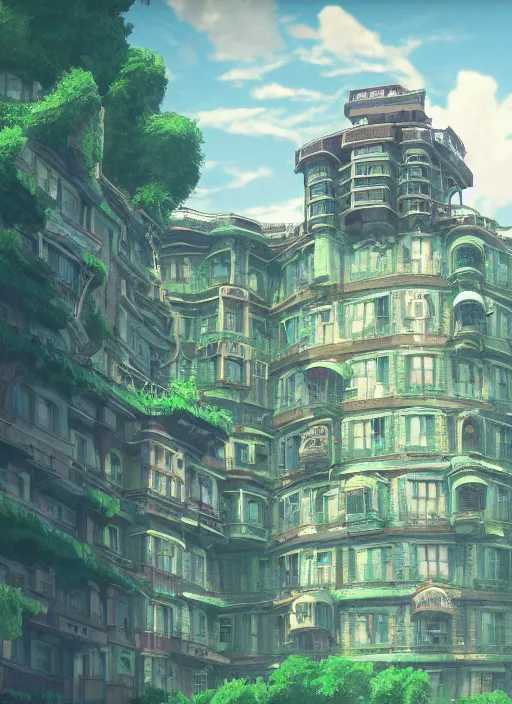 Image similar to A Huge Steampunk Old Apartment Building by Howl's Moving Castle Ghibli, by Miyazaki, by Vincent Di Fate Nausicaa, Ghibli, Breath of The Wild, epic composition, green plants, octane render, trending on artstation