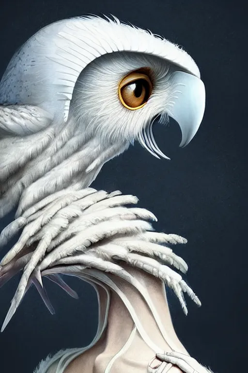 Image similar to epic professional digital art of female human - white - rumped vulture hybrid animal wearing air force jumpsuit, feathered head, owl beak, painting, by lisa roet, reyna rochin, iris van herpen, leesha hannigan, artstation, cgsocietywlop, epic, much wow, much detail, gorgeous, detailed, cinematic, masterpiece