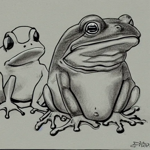 Prompt: big frog and little frog side by side but sketch