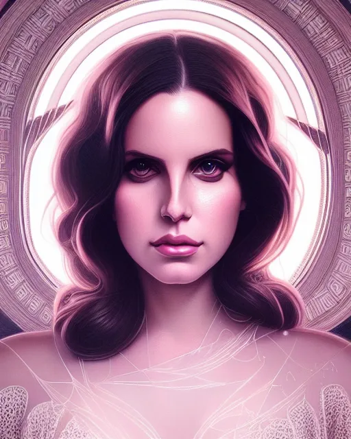 Prompt: symmetry portrait of lana del rey, photorealistic, glam, glowing lights intricate, elegant, highly detailed, digital painting, artstation, concept art, smooth, sharp focus, illustration, art by artgerm and greg rutkowski and alphonse mucha