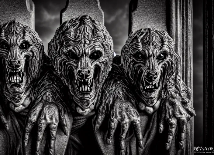 Image similar to photo of a real life photorealistic three - headed kerberos guarding the gates to the underworld. fantasy horror style. highly detailed 8 k. intricate. lifelike. soft light. nikon d 8 5 0 5 5 mm. dof. cinematic post - processing.