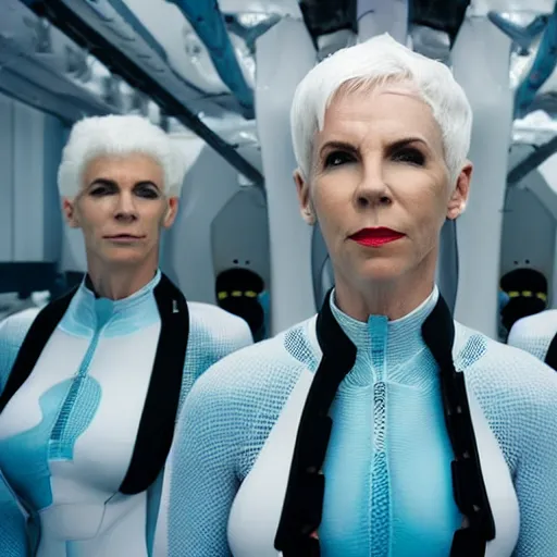 Prompt: troop of annie lennox women with white hair, white hair, tight light blue neopren suits, futuristic production facility, sci - fi, highly detailed, cinematic