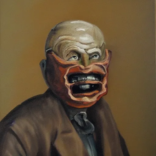 Image similar to a painting of an old man wearing a scary mask