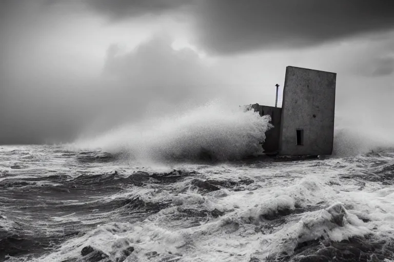 Prompt: high key lighting, ighting storm, danila tkachenko, photograph of an abandoned soviet building block in the middle of the ocean, big waves. dramatic lighting