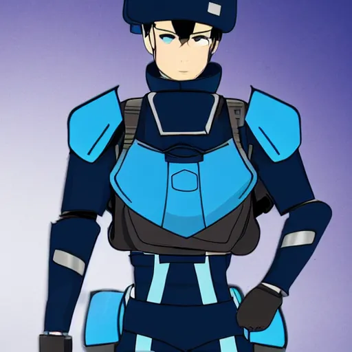 Image similar to a futuristic soldier captain with a ballistic visor and a blue shoulderpad in anime style