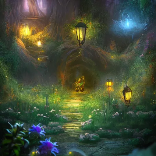 Image similar to fairy glowing magically at night concept art, realistic garden, beautiful, glorious, matte painting, highly detailed, trending on artstation, 4 k