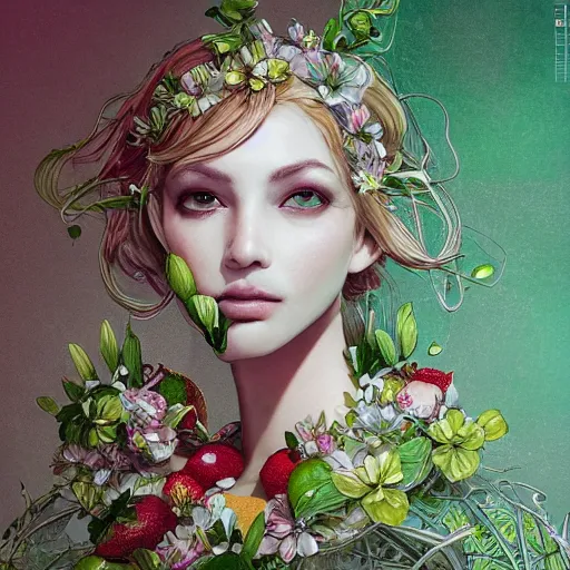 Prompt: the portrait of an absurdly beautiful, graceful, elegant, sophisticated, dignified woman made of strawberries and green petals looking up, an ultrafine hyperdetailed illustration by kim jung gi, irakli nadar, intricate linework, bright colors, octopath traveler, final fantasy, unreal engine 5 highly rendered, global illumination, radiant light, detailed and intricate environment