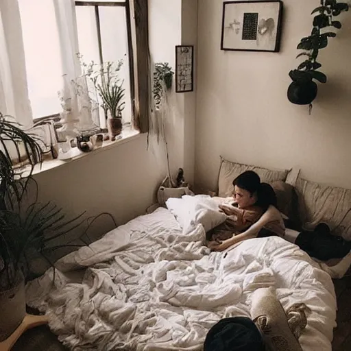 Image similar to cozy asian home, ambient, moody, couple, tiny
